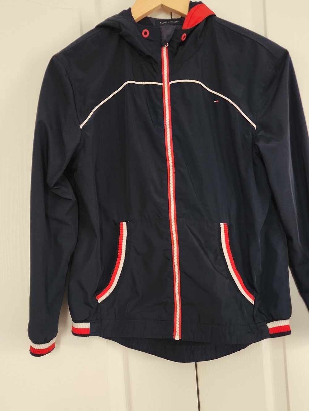 Tommy Hilfiger Navy Hooded Windbreaker with Red & White Trim - Picture 1 of 5